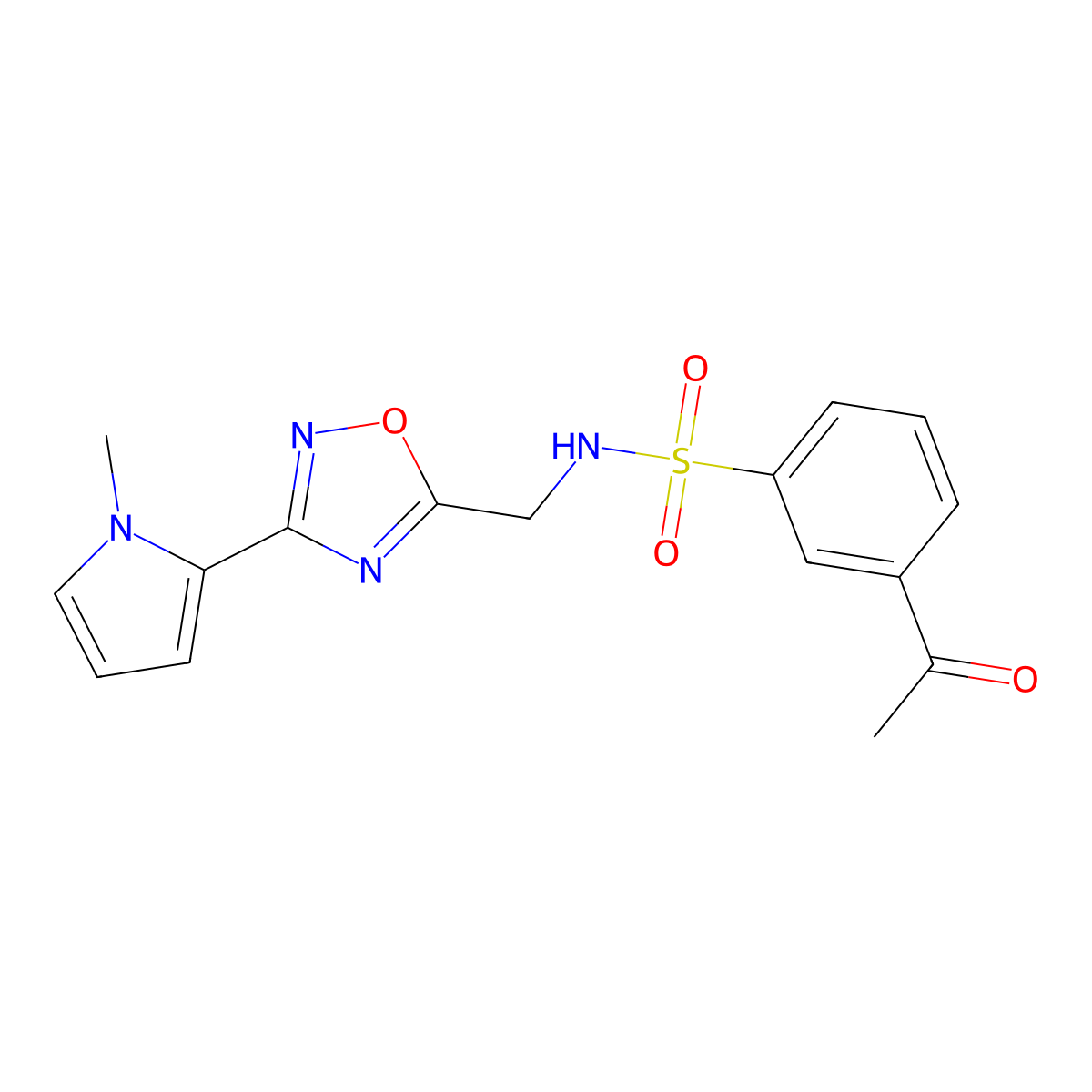 3-acetyl-N-((3-(1-methyl-1H-pyrrol-2-yl)-1,2,4-oxadiazol-5-yl)methyl)benzenesulfonamide molecular structure, CAS 2034509-67-4