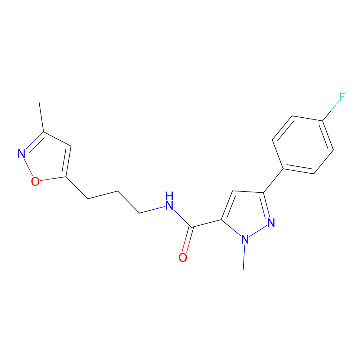 3-(4-fluorophenyl)-1-methyl-N-(3-(3-methylisoxazol-5-yl)propyl)-1H-pyrazole-5-carboxamide molecular structure, CAS 2034509-68-5
