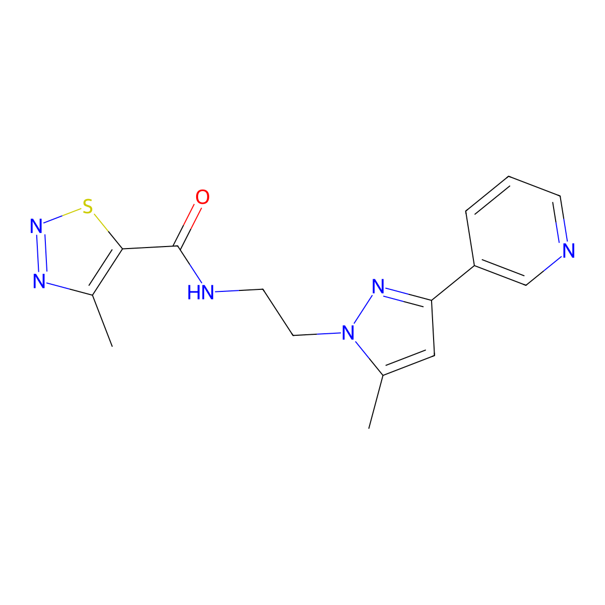 4-methyl-N-(2-(5-methyl-3-(pyridin-3-yl)-1H-pyrazol-1-yl)ethyl)-1,2,3-thiadiazole-5-carboxamide molecular structure, CAS 2034509-79-8