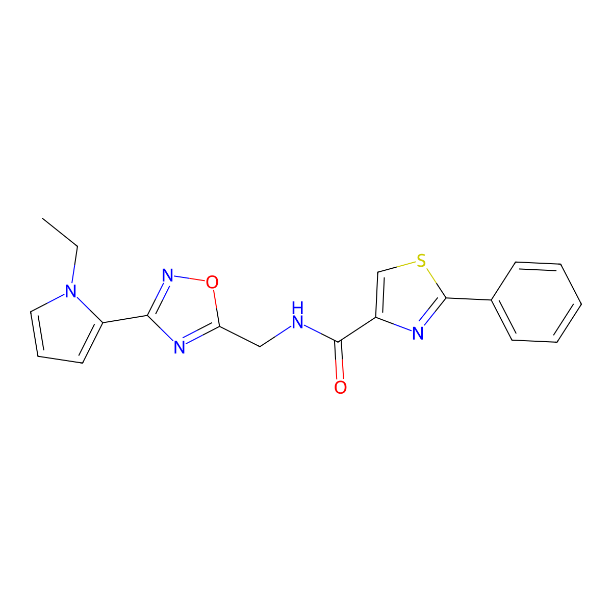 N-((3-(1-ethyl-1H-pyrrol-2-yl)-1,2,4-oxadiazol-5-yl)methyl)-2-phenylthiazole-4-carboxamide molecular structure, CAS 2034509-82-3
