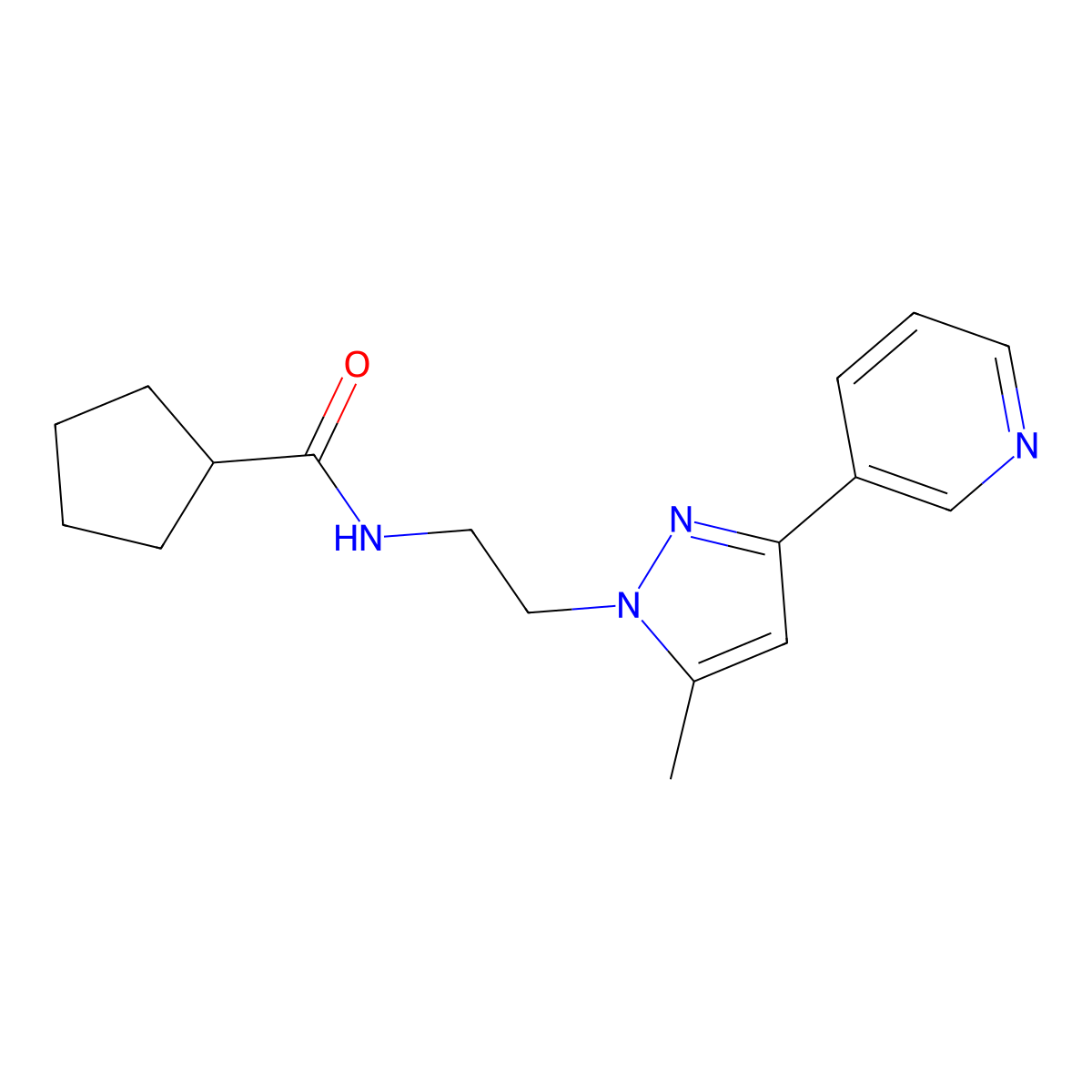 N-{2-[5-methyl-3-(pyridin-3-yl)-1H-pyrazol-1-yl]ethyl}cyclopentanecarboxamide molecular structure, CAS 2034509-85-6