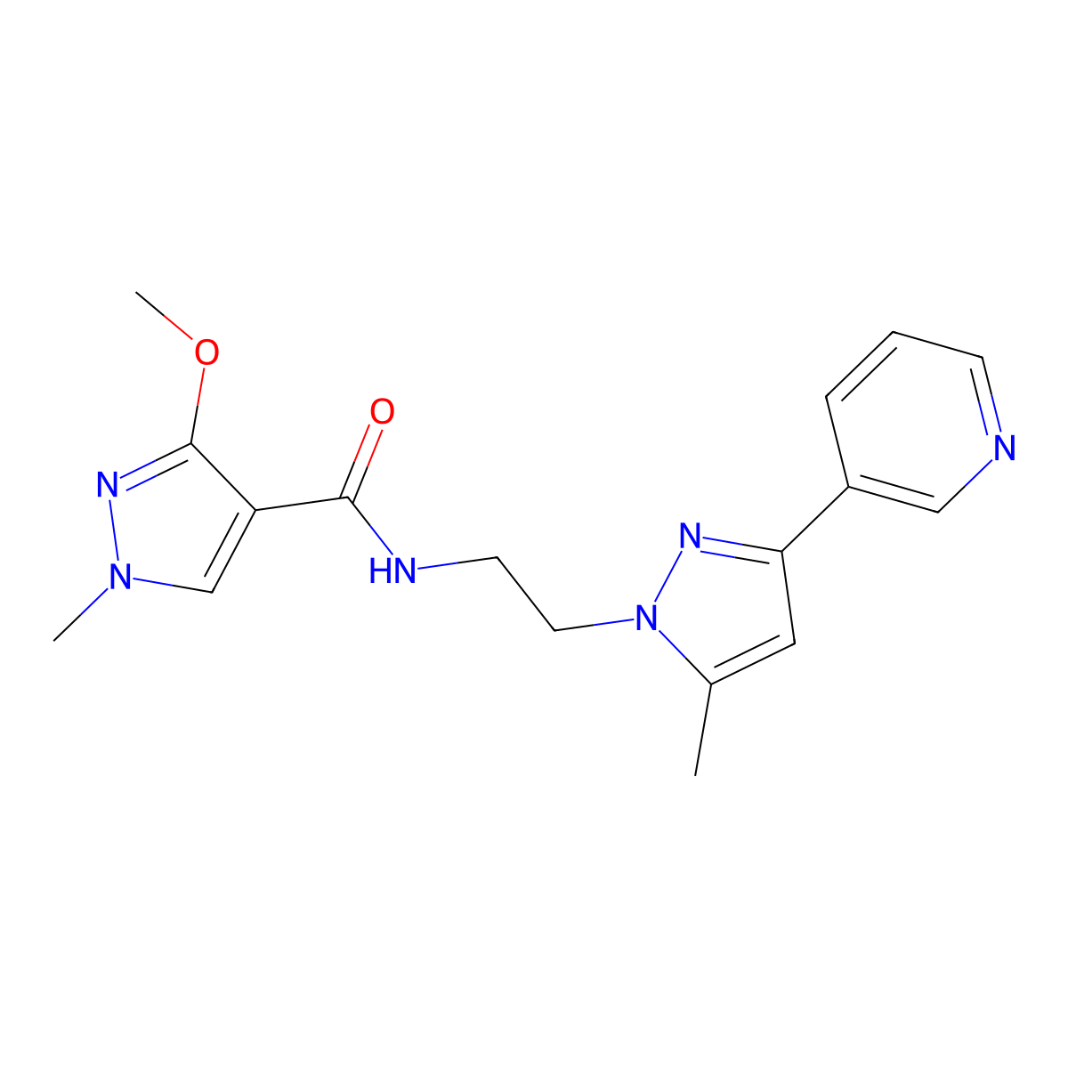 3-methoxy-1-methyl-N-{2-[5-methyl-3-(pyridin-3-yl)-1H-pyrazol-1-yl]ethyl}-1H-pyrazole-4-carboxamide molecular structure, CAS 2034509-90-3