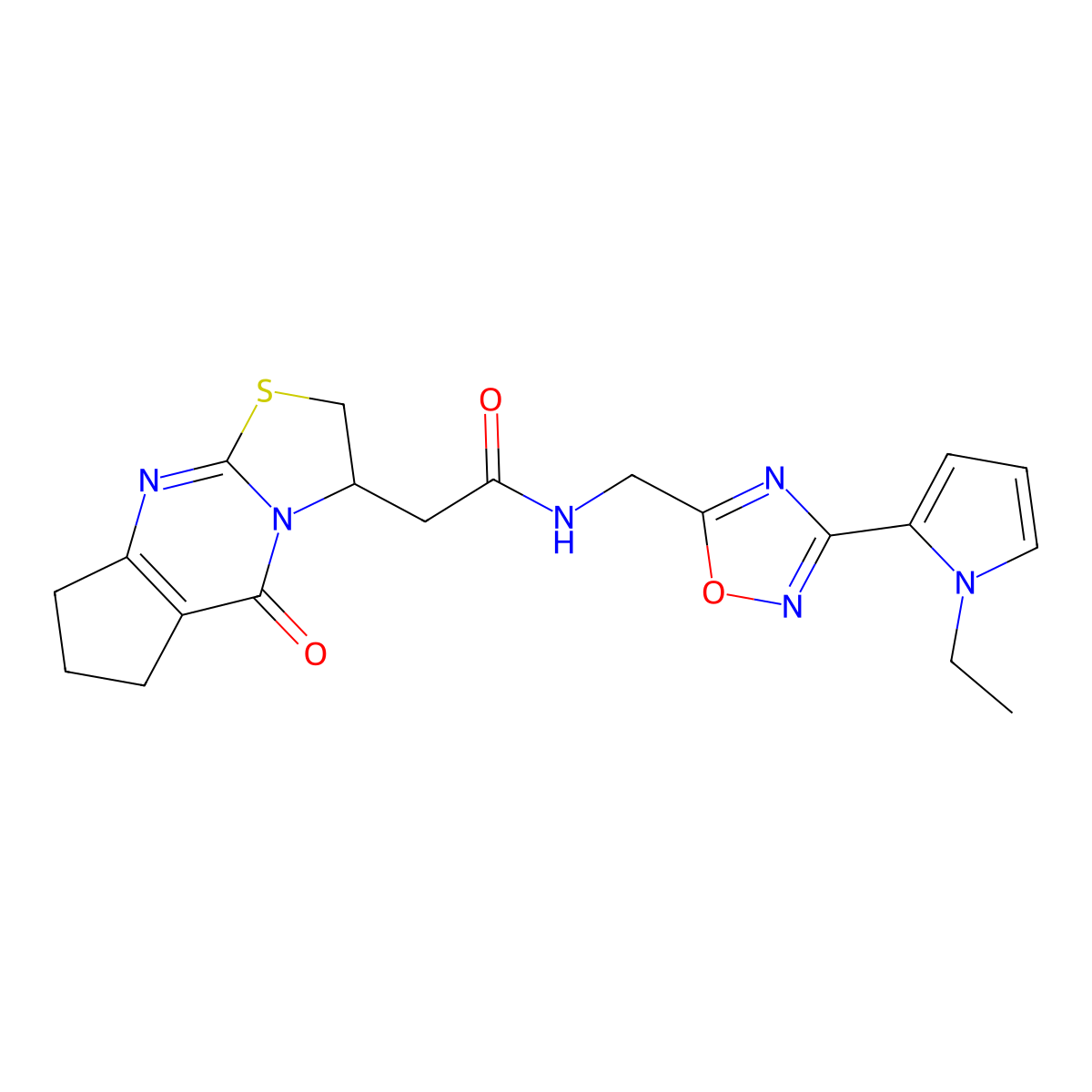 N-((3-(1-ethyl-1H-pyrrol-2-yl)-1,2,4-oxadiazol-5-yl)methyl)-2-(5-oxo-2,3,5,6,7,8-hexahydrocyclopenta[d]thiazolo[3,2-a]pyrimidin-3-yl)acetamide molecular structure, CAS 2034509-95-8