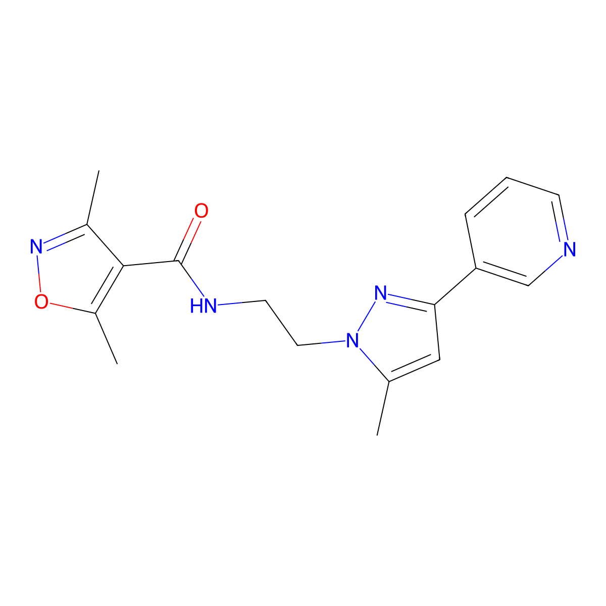 3,5-dimethyl-N-(2-(5-methyl-3-(pyridin-3-yl)-1H-pyrazol-1-yl)ethyl)isoxazole-4-carboxamide molecular structure, CAS 2034510-04-6