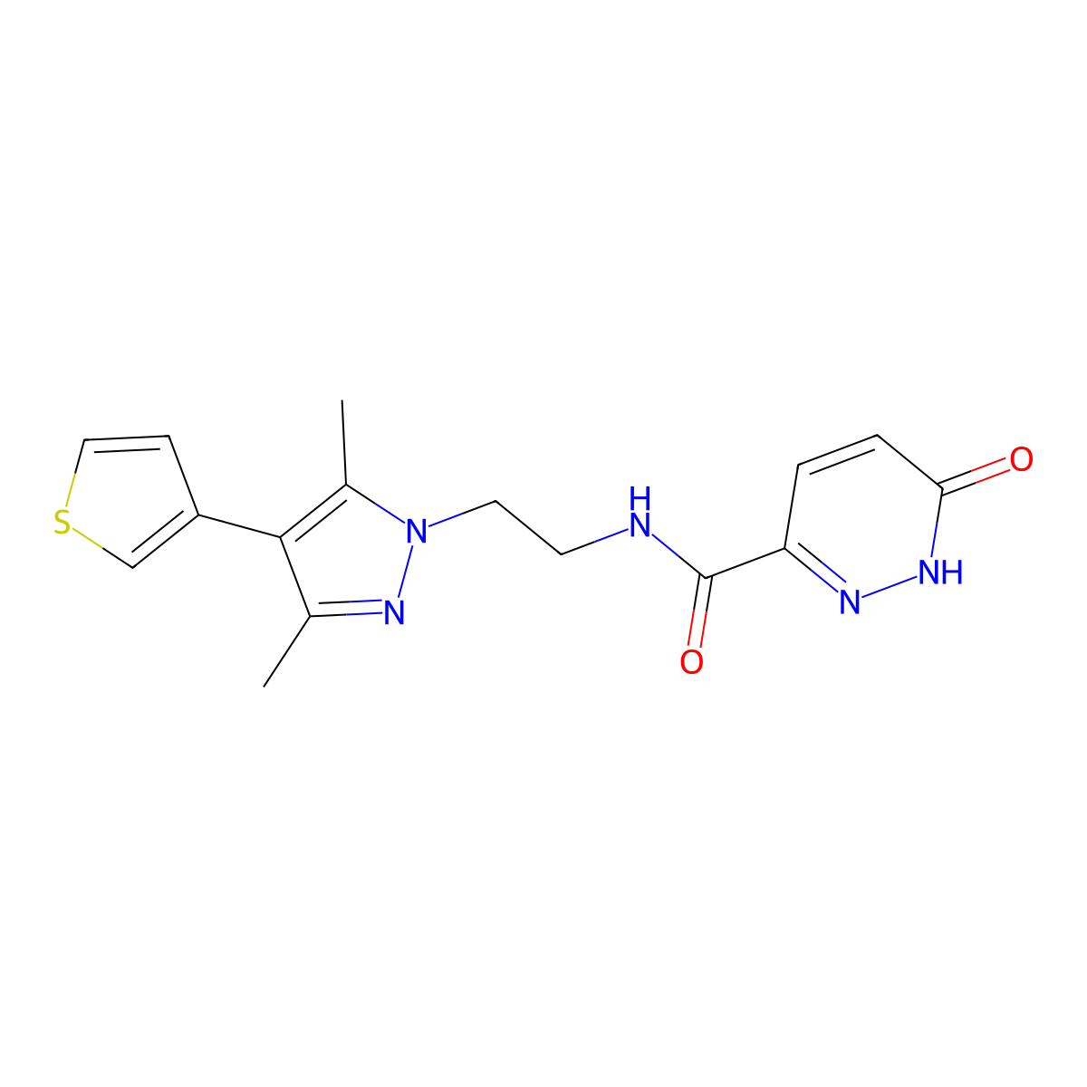 N-(2-(3,5-dimethyl-4-(thiophen-3-yl)-1H-pyrazol-1-yl)ethyl)-6-oxo-1,6-dihydropyridazine-3-carboxamide molecular structure, CAS 2034510-06-8