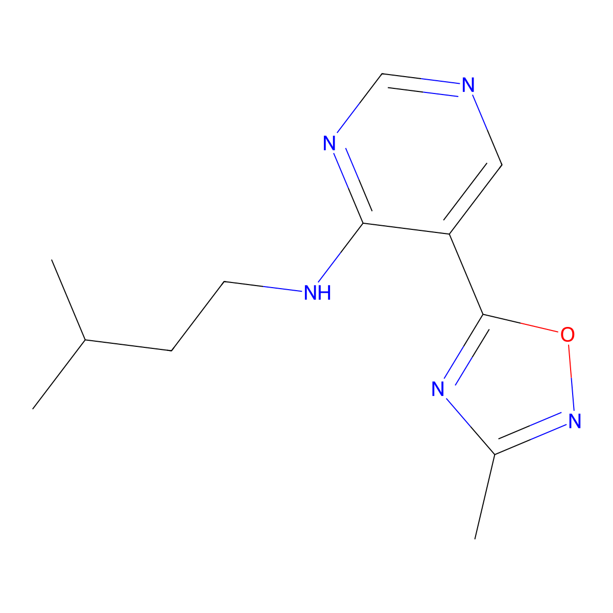 N-isopentyl-5-(3-methyl-1,2,4-oxadiazol-5-yl)pyrimidin-4-amine molecular structure, CAS 2034510-09-1