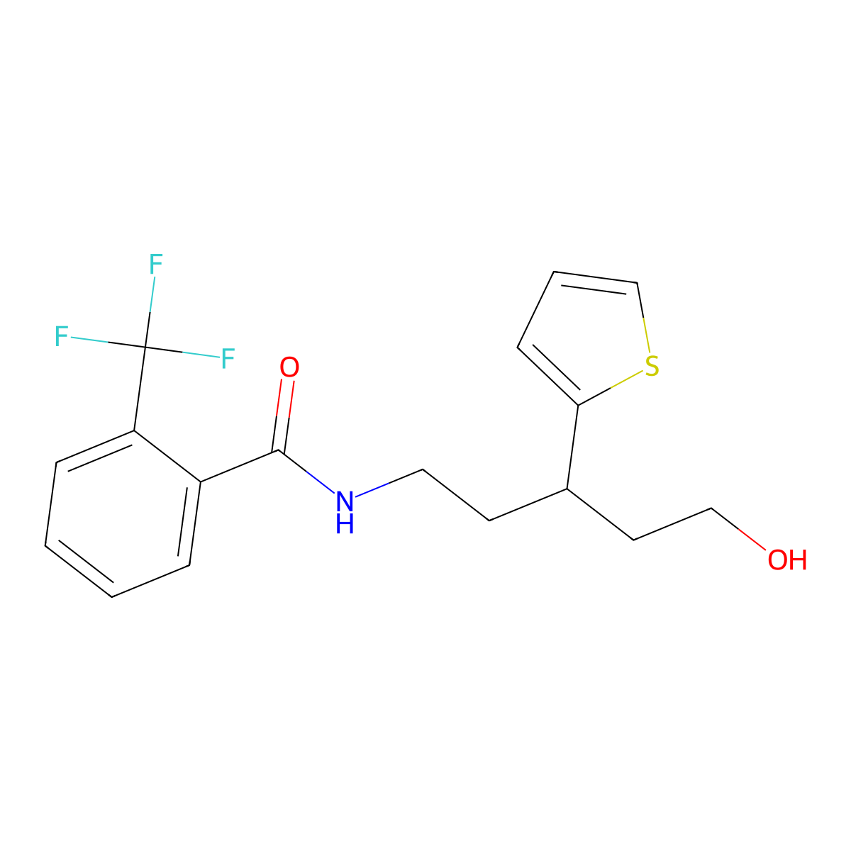 N-[5-hydroxy-3-(thiophen-2-yl)pentyl]-2-(trifluoromethyl)benzamide molecular structure, CAS 2034510-12-6