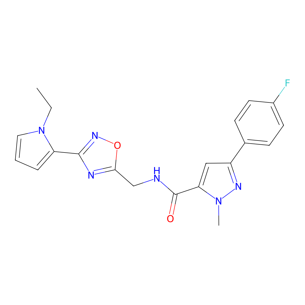 N-((3-(1-ethyl-1H-pyrrol-2-yl)-1,2,4-oxadiazol-5-yl)methyl)-3-(4-fluorophenyl)-1-methyl-1H-pyrazole-5-carboxamide molecular structure, CAS 2034510-15-9