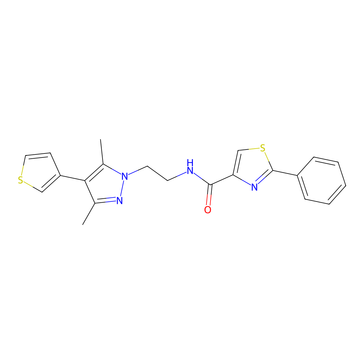 N-(2-(3,5-dimethyl-4-(thiophen-3-yl)-1H-pyrazol-1-yl)ethyl)-2-phenylthiazole-4-carboxamide molecular structure, CAS 2034510-16-0