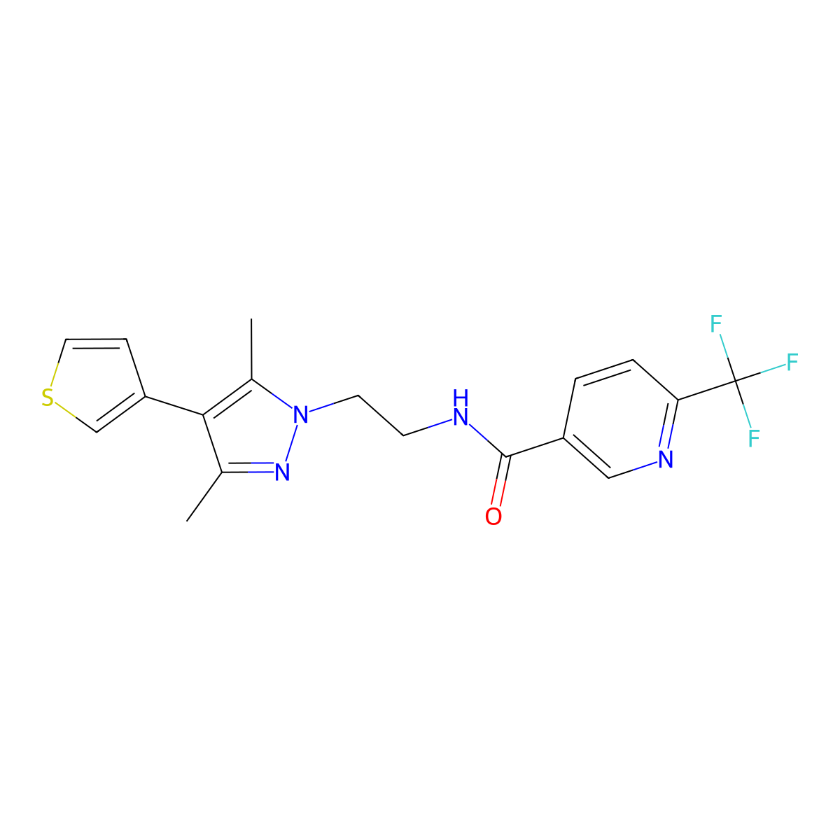 N-(2-(3,5-dimethyl-4-(thiophen-3-yl)-1H-pyrazol-1-yl)ethyl)-6-(trifluoromethyl)nicotinamide molecular structure, CAS 2034510-25-1