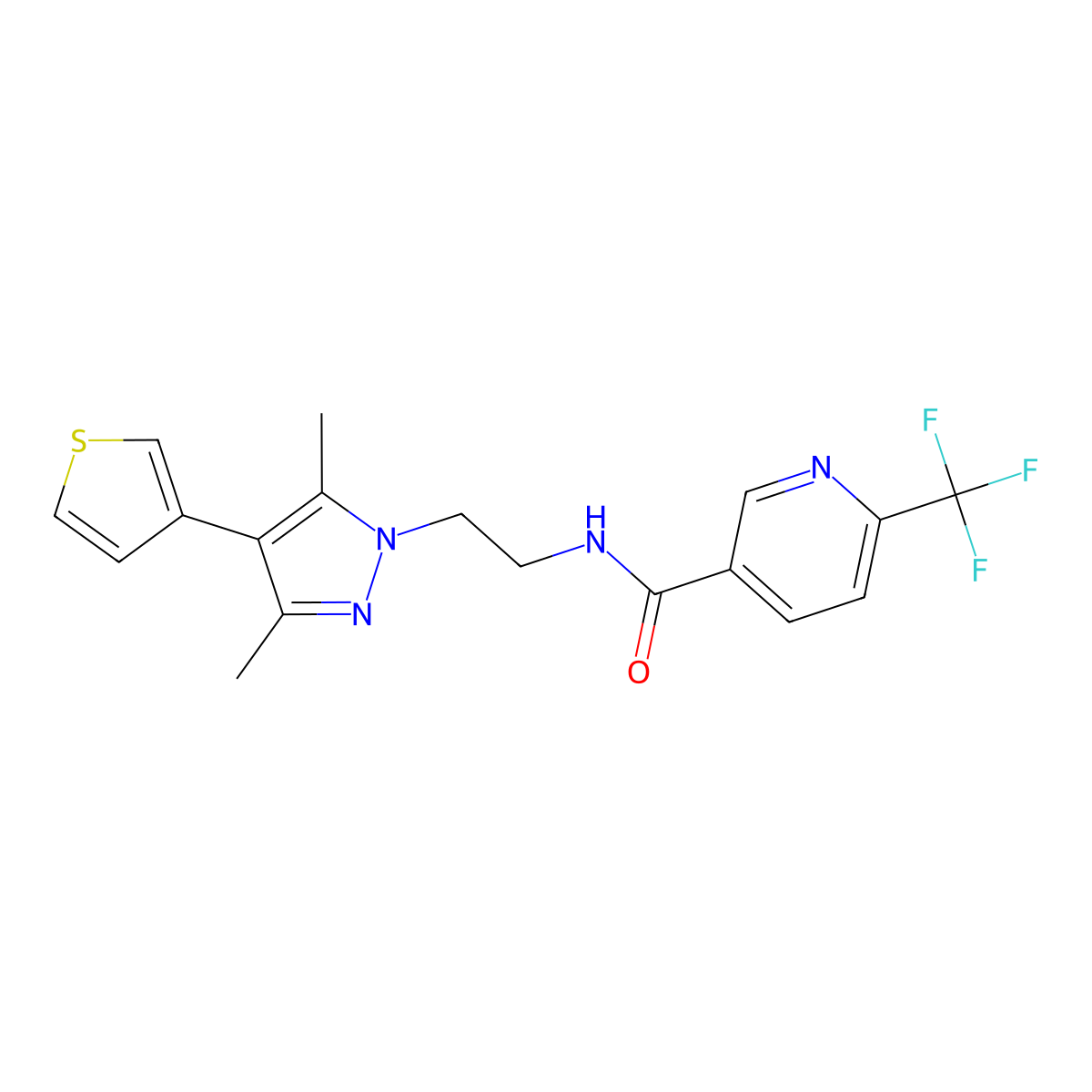 N-(2-(3,5-dimethyl-4-(thiophen-3-yl)-1H-pyrazol-1-yl)ethyl)-6-(trifluoromethyl)nicotinamide molecular structure, CAS 2034510-25-1