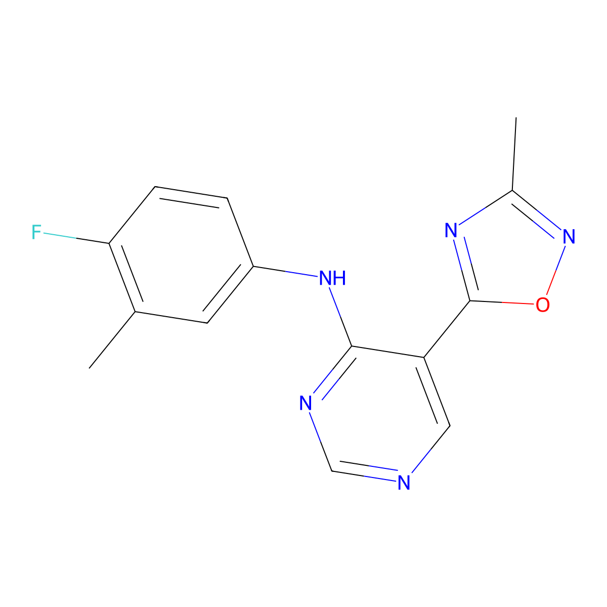 N-(4-fluoro-3-methylphenyl)-5-(3-methyl-1,2,4-oxadiazol-5-yl)pyrimidin-4-amine molecular structure, CAS 2034510-27-3