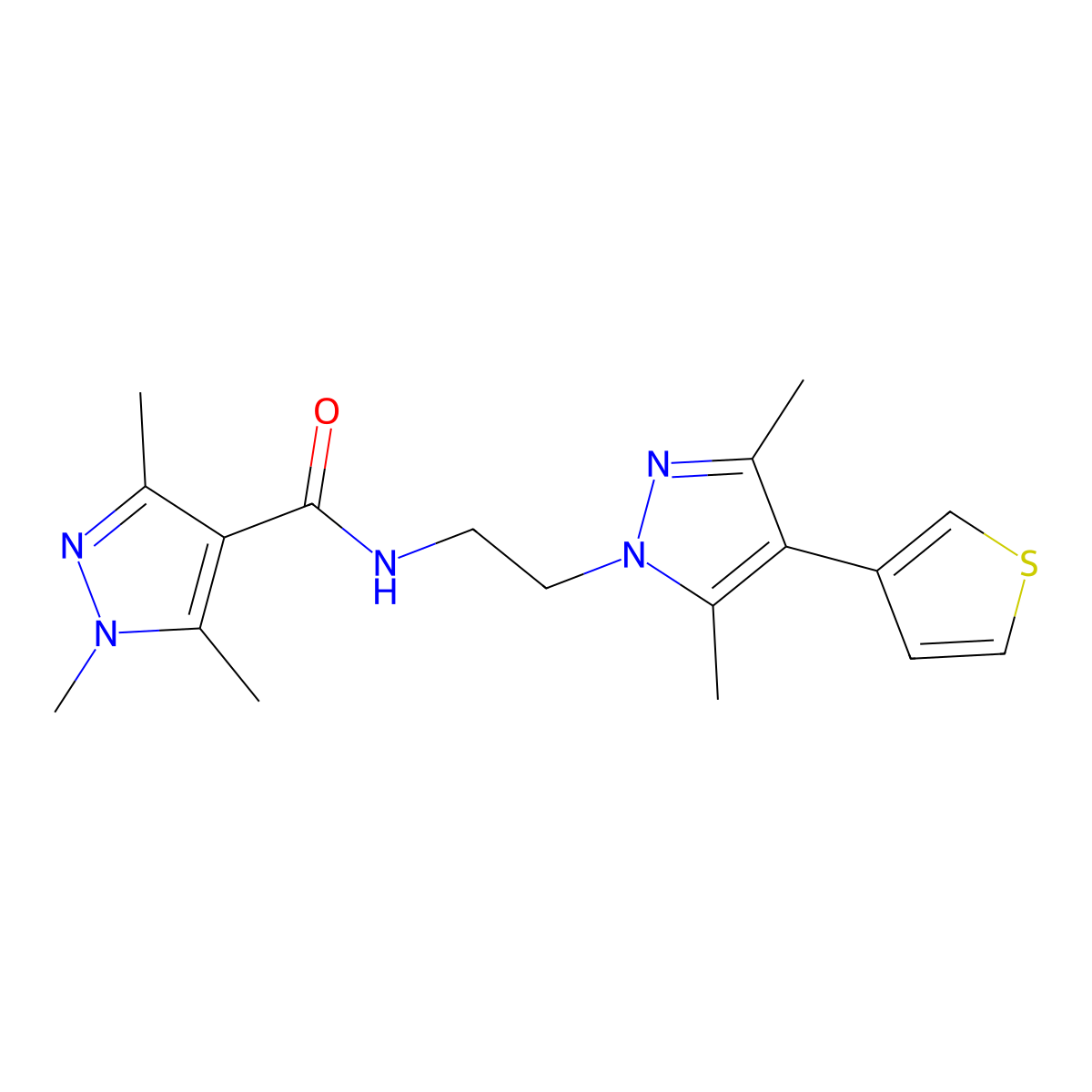 N-{2-[3,5-dimethyl-4-(thiophen-3-yl)-1H-pyrazol-1-yl]ethyl}-1,3,5-trimethyl-1H-pyrazole-4-carboxamide molecular structure, CAS 2034510-34-2