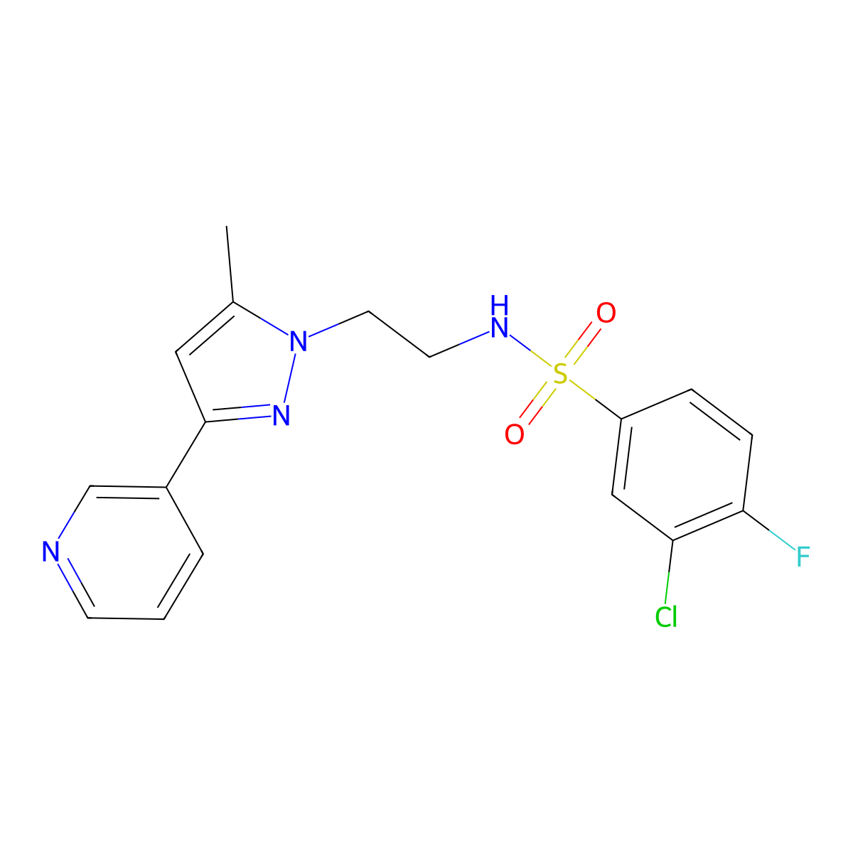 3-chloro-4-fluoro-N-(2-(5-methyl-3-(pyridin-3-yl)-1H-pyrazol-1-yl)ethyl)benzenesulfonamide molecular structure, CAS 2034510-38-6