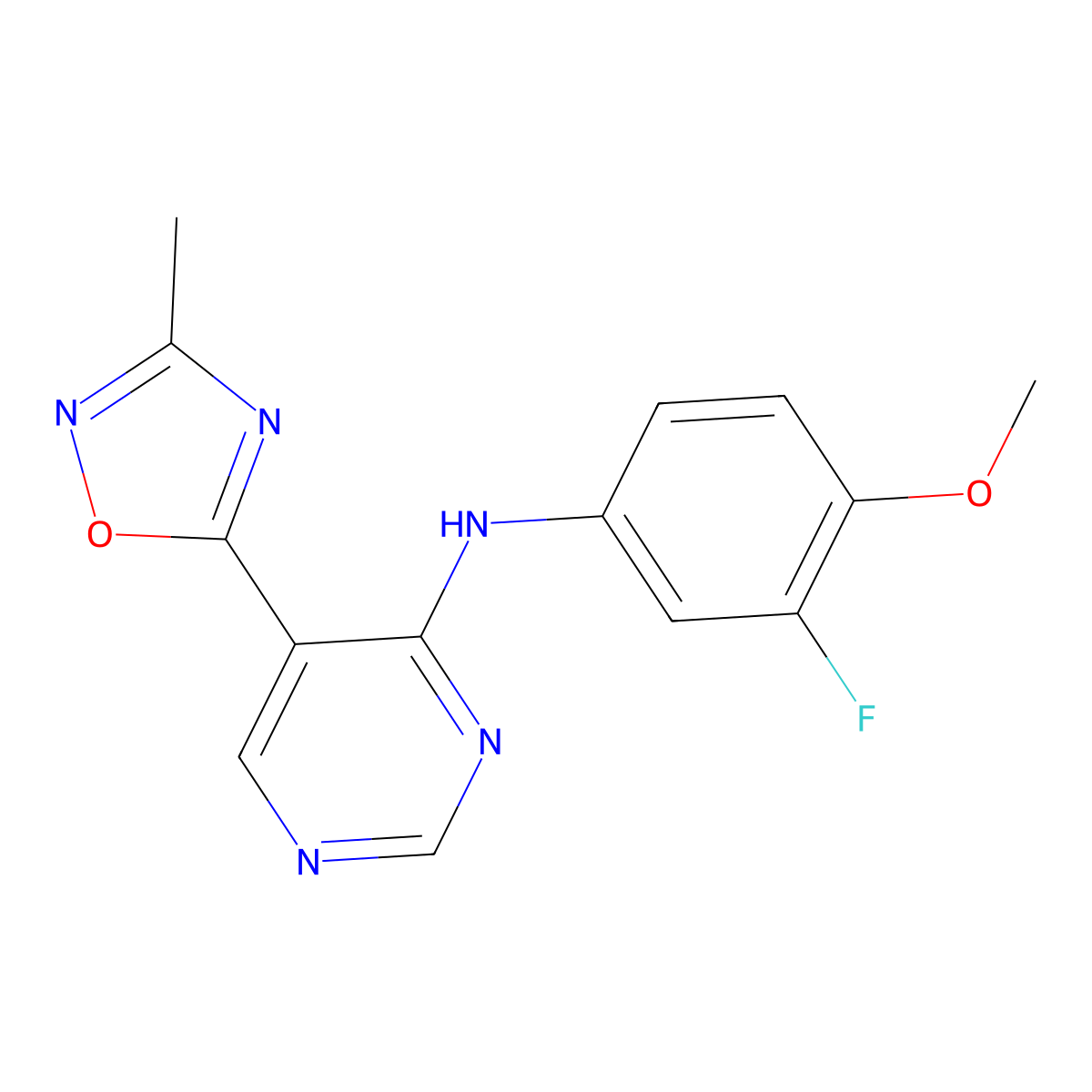 N-(3-fluoro-4-methoxyphenyl)-5-(3-methyl-1,2,4-oxadiazol-5-yl)pyrimidin-4-amine molecular structure, CAS 2034510-39-7