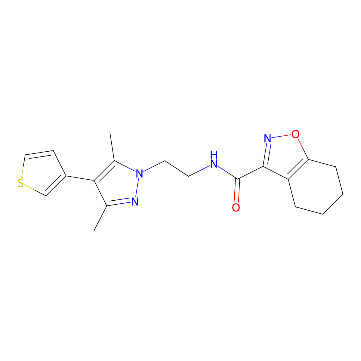 N-(2-(3,5-dimethyl-4-(thiophen-3-yl)-1H-pyrazol-1-yl)ethyl)-4,5,6,7-tetrahydrobenzo[d]isoxazole-3-carboxamide molecular structure, CAS 2034510-41-1