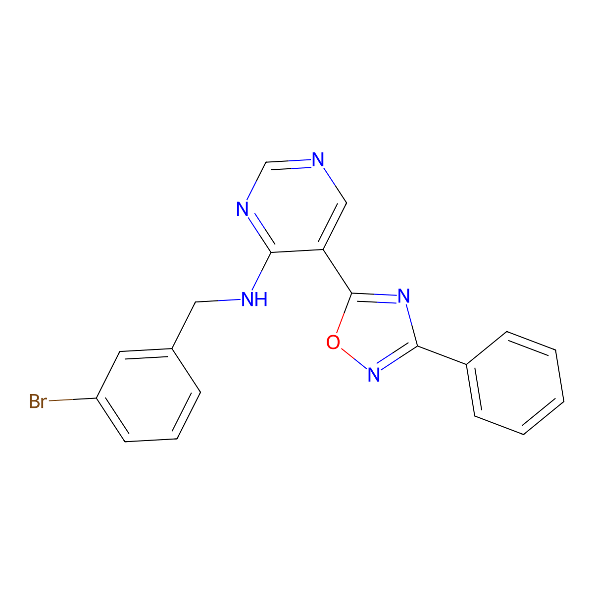 N-(3-bromobenzyl)-5-(3-phenyl-1,2,4-oxadiazol-5-yl)pyrimidin-4-amine molecular structure, CAS 2034510-49-9