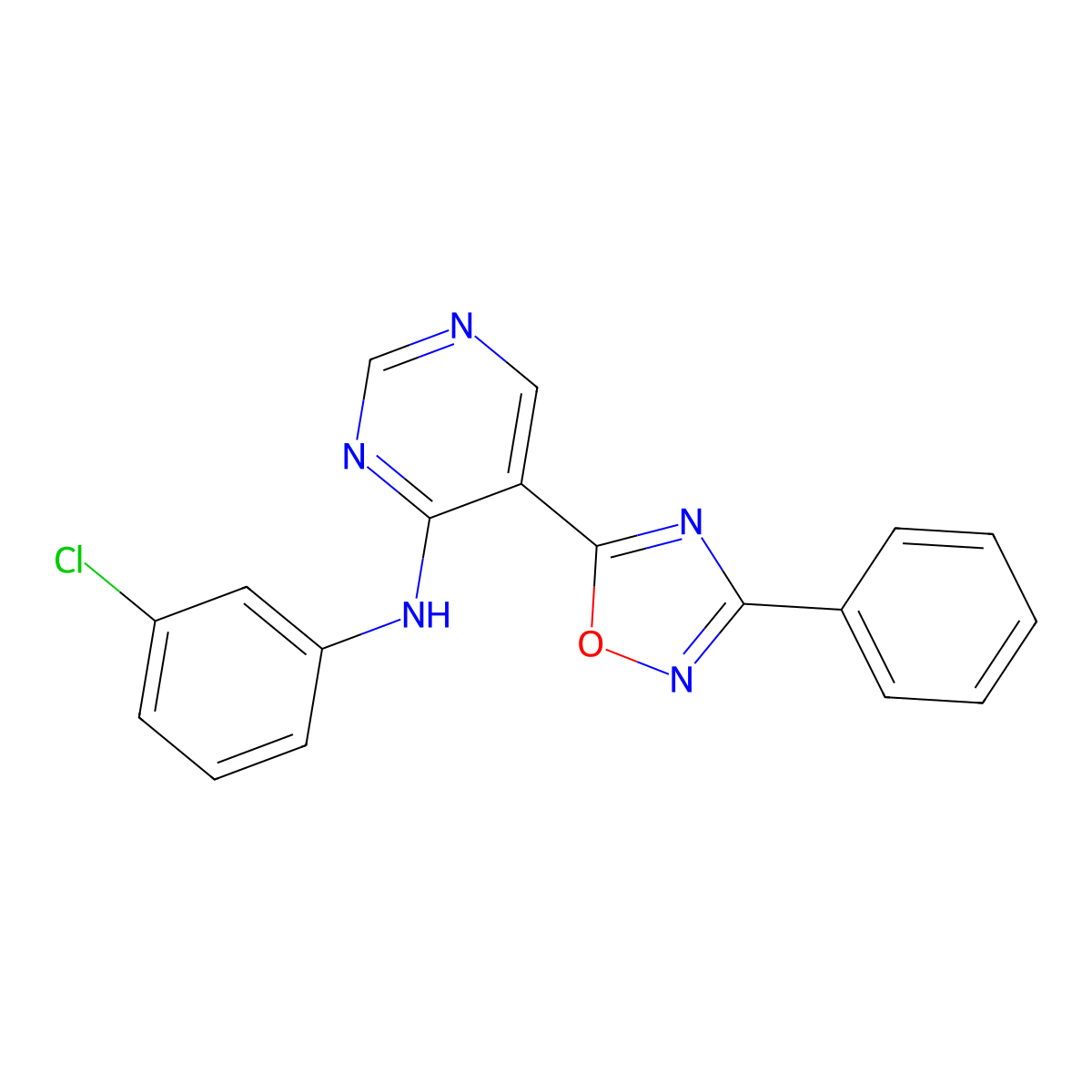 N-(3-chlorophenyl)-5-(3-phenyl-1,2,4-oxadiazol-5-yl)pyrimidin-4-amine molecular structure, CAS 2034510-61-5