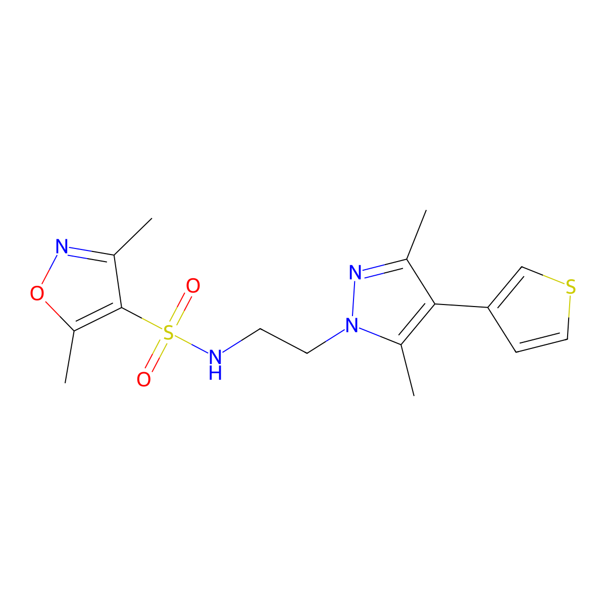 N-(2-(3,5-dimethyl-4-(thiophen-3-yl)-1H-pyrazol-1-yl)ethyl)-3,5-dimethylisoxazole-4-sulfonamide molecular structure, CAS 2034510-65-9