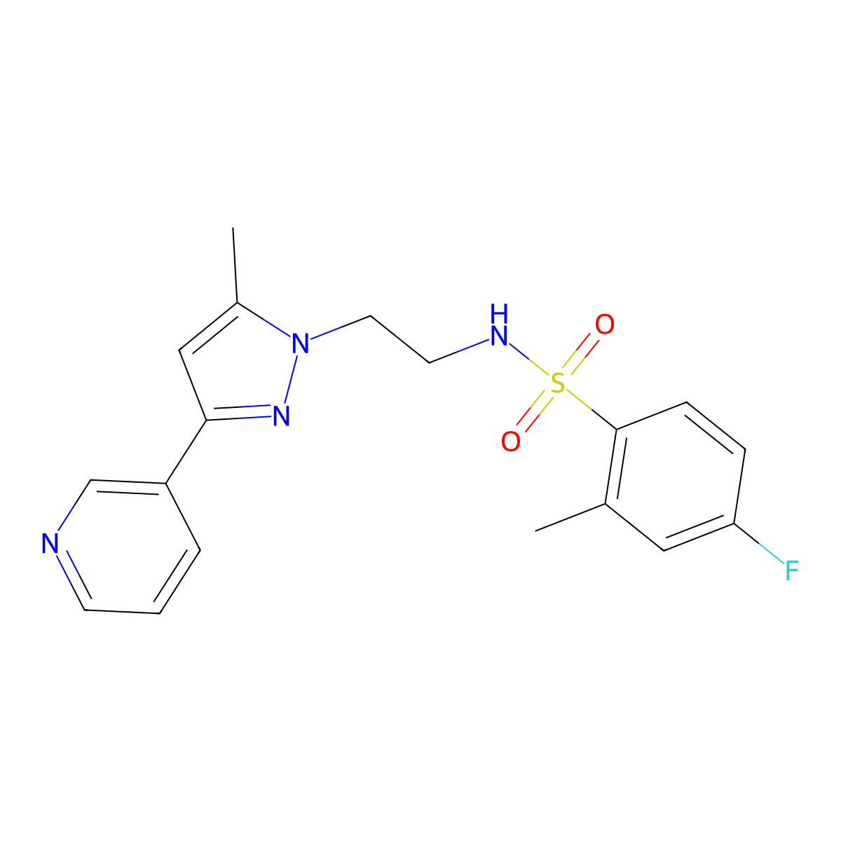 4-fluoro-2-methyl-N-(2-(5-methyl-3-(pyridin-3-yl)-1H-pyrazol-1-yl)ethyl)benzenesulfonamide molecular structure, CAS 2034510-68-2