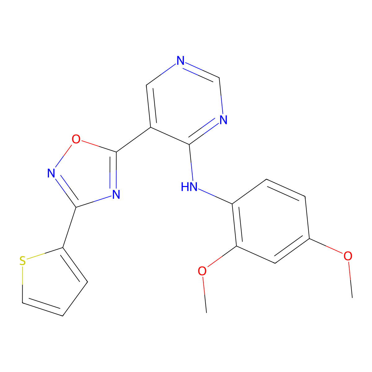 N-(2,4-dimethoxyphenyl)-5-(3-(thiophen-2-yl)-1,2,4-oxadiazol-5-yl)pyrimidin-4-amine molecular structure, CAS 2034510-72-8