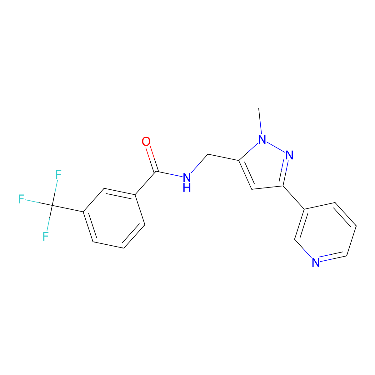 N-{[1-methyl-3-(pyridin-3-yl)-1H-pyrazol-5-yl]methyl}-3-(trifluoromethyl)benzamide molecular structure, CAS 2034510-73-9