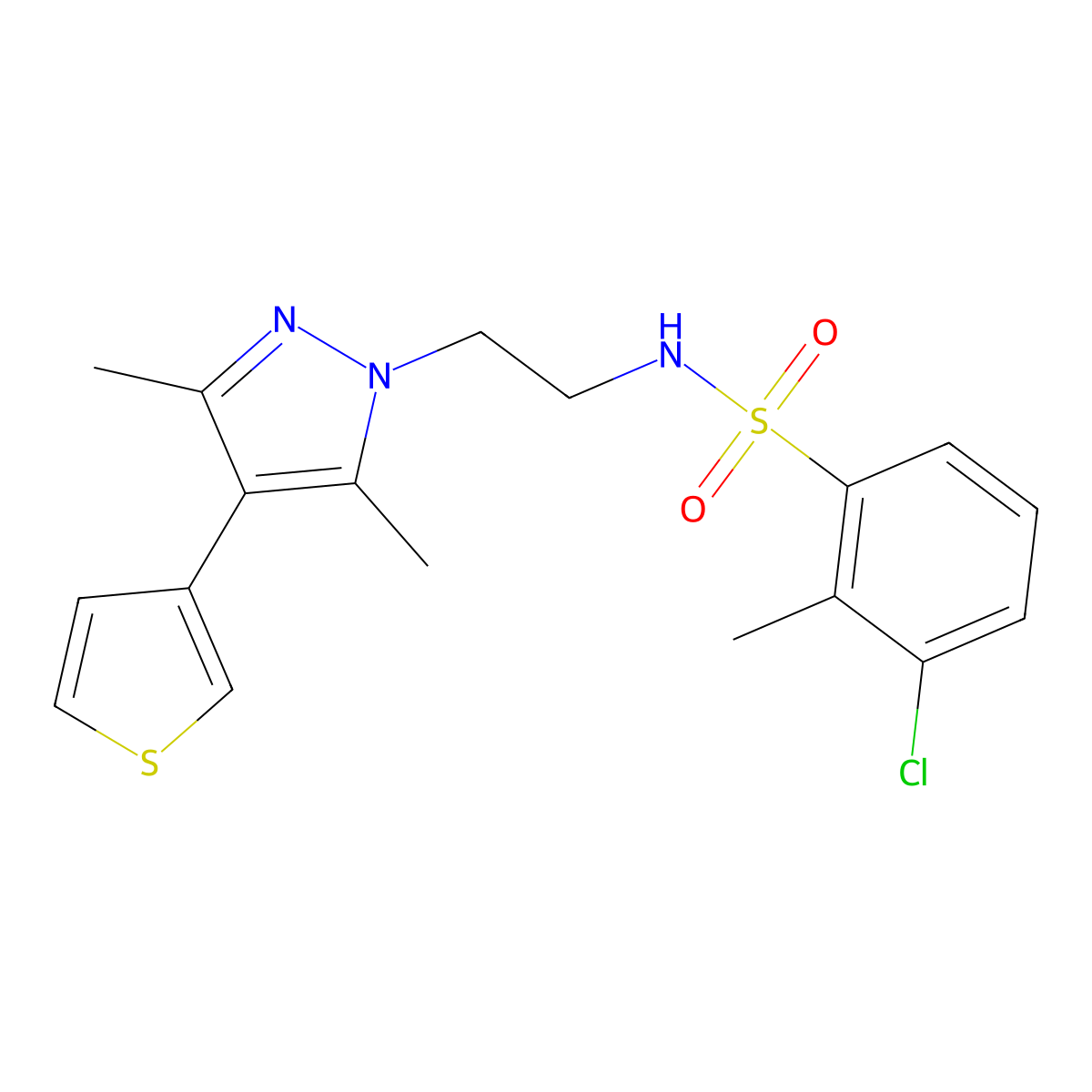 3-chloro-N-(2-(3,5-dimethyl-4-(thiophen-3-yl)-1H-pyrazol-1-yl)ethyl)-2-methylbenzenesulfonamide molecular structure, CAS 2034510-74-0