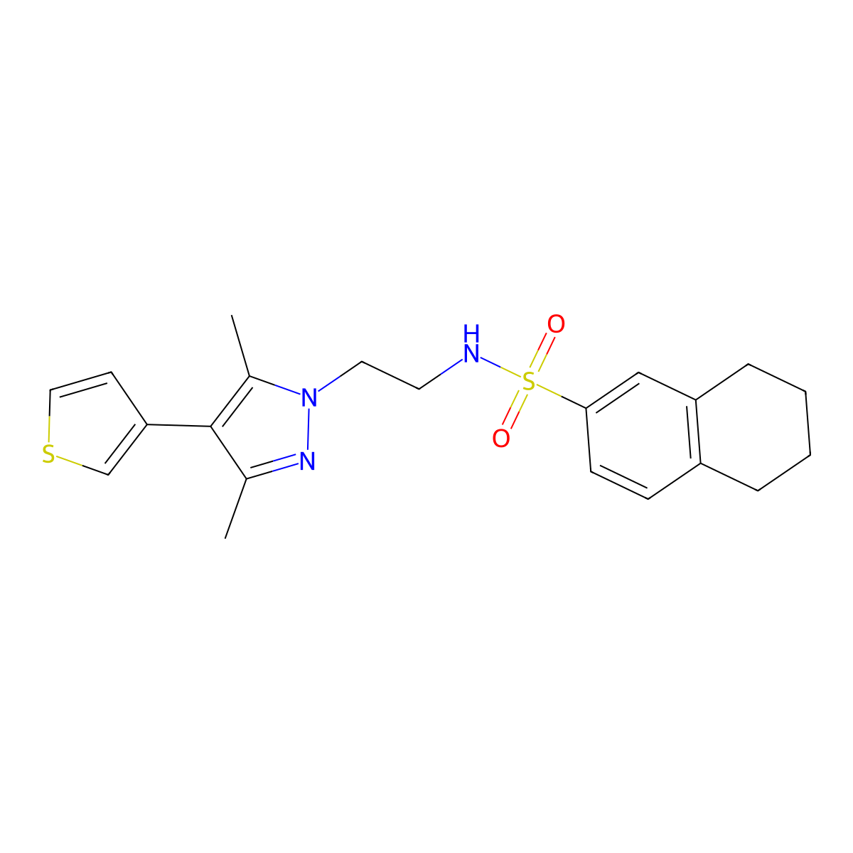 N-(2-(3,5-dimethyl-4-(thiophen-3-yl)-1H-pyrazol-1-yl)ethyl)-5,6,7,8-tetrahydronaphthalene-2-sulfonamide molecular structure, CAS 2034510-82-0