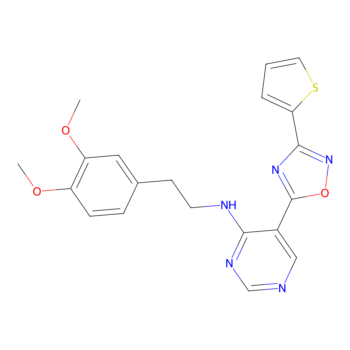 N-(3,4-dimethoxyphenethyl)-5-(3-(thiophen-2-yl)-1,2,4-oxadiazol-5-yl)pyrimidin-4-amine molecular structure, CAS 2034510-83-1