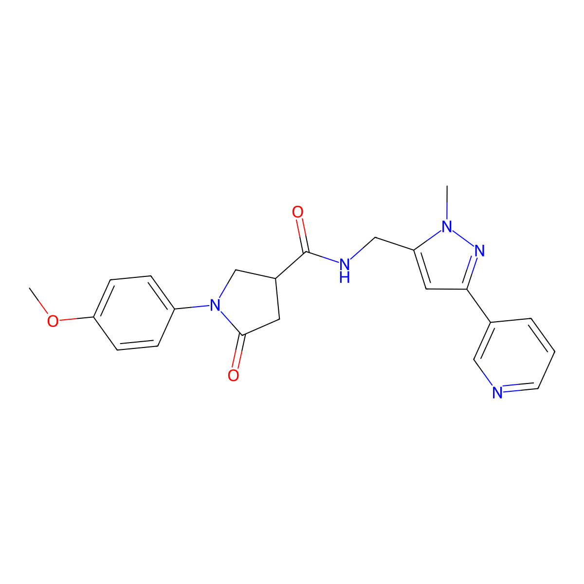 1-(4-methoxyphenyl)-N-{[1-methyl-3-(pyridin-3-yl)-1H-pyrazol-5-yl]methyl}-5-oxopyrrolidine-3-carboxamide molecular structure, CAS 2034510-87-5