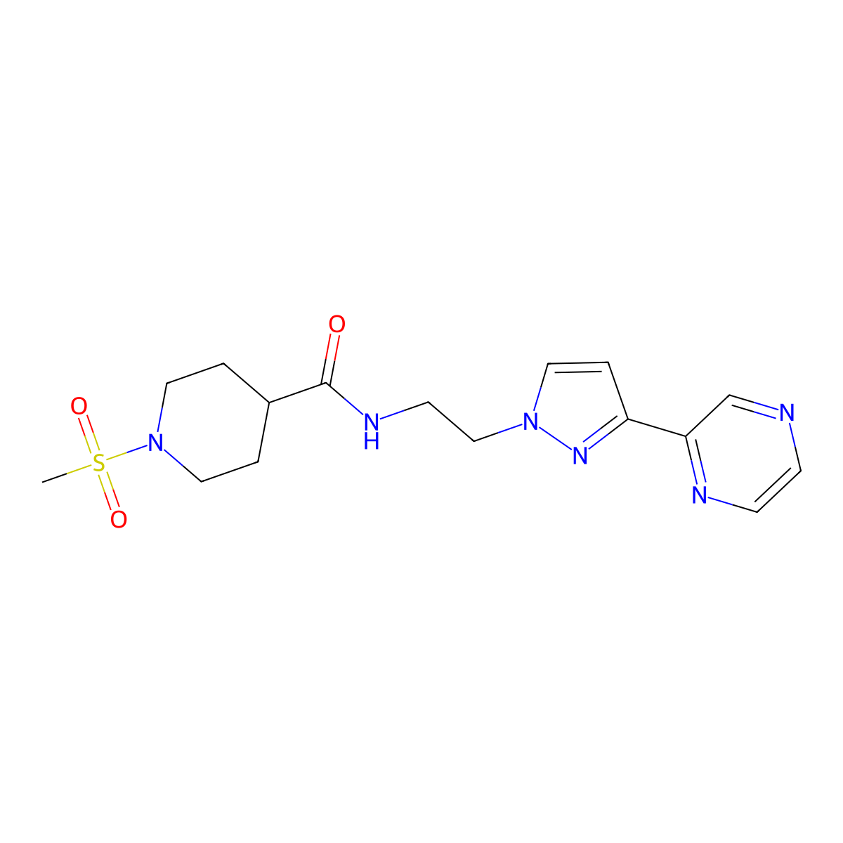 1-(methylsulfonyl)-N-(2-(3-(pyrazin-2-yl)-1H-pyrazol-1-yl)ethyl)piperidine-4-carboxamide molecular structure, CAS 2034510-90-0