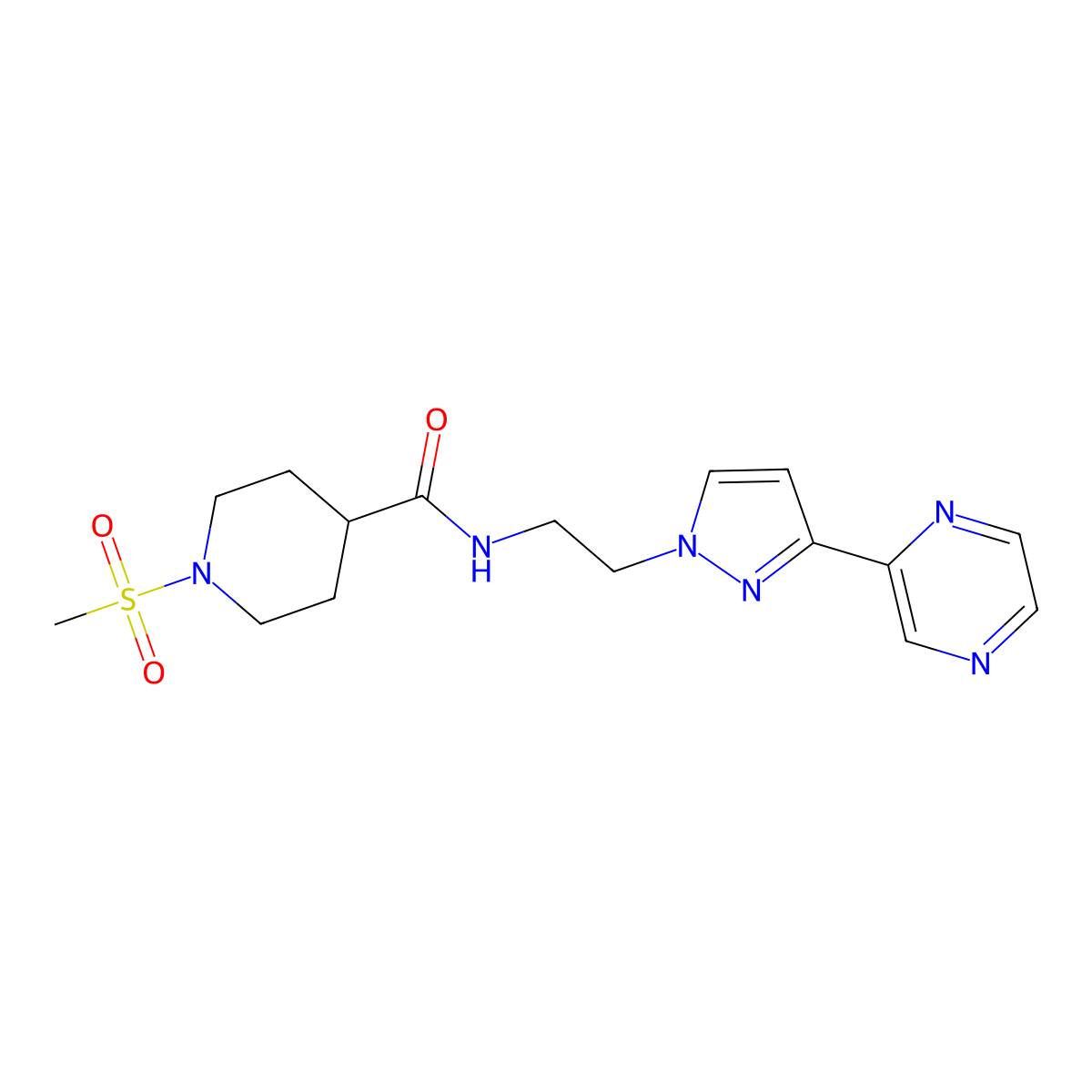 1-(methylsulfonyl)-N-(2-(3-(pyrazin-2-yl)-1H-pyrazol-1-yl)ethyl)piperidine-4-carboxamide molecular structure, CAS 2034510-90-0
