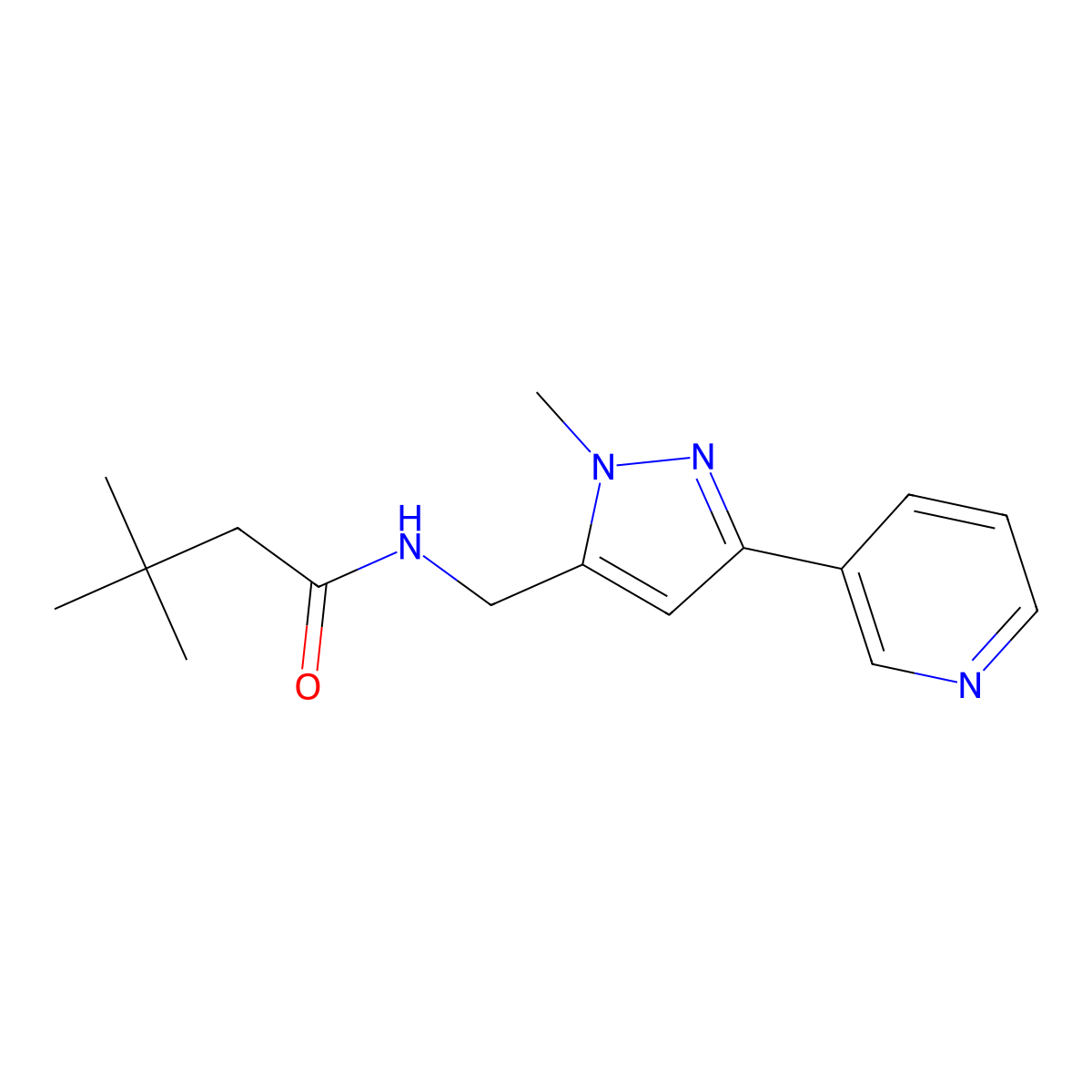 3,3-dimethyl-N-((1-methyl-3-(pyridin-3-yl)-1H-pyrazol-5-yl)methyl)butanamide molecular structure, CAS 2034510-92-2