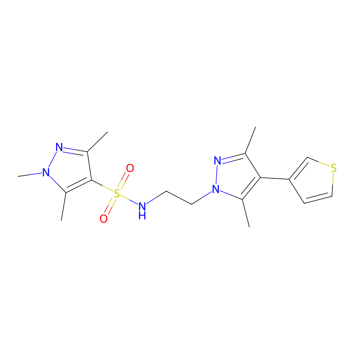 N-{2-[3,5-dimethyl-4-(thiophen-3-yl)-1H-pyrazol-1-yl]ethyl}-1,3,5-trimethyl-1H-pyrazole-4-sulfonamide molecular structure, CAS 2034510-95-5