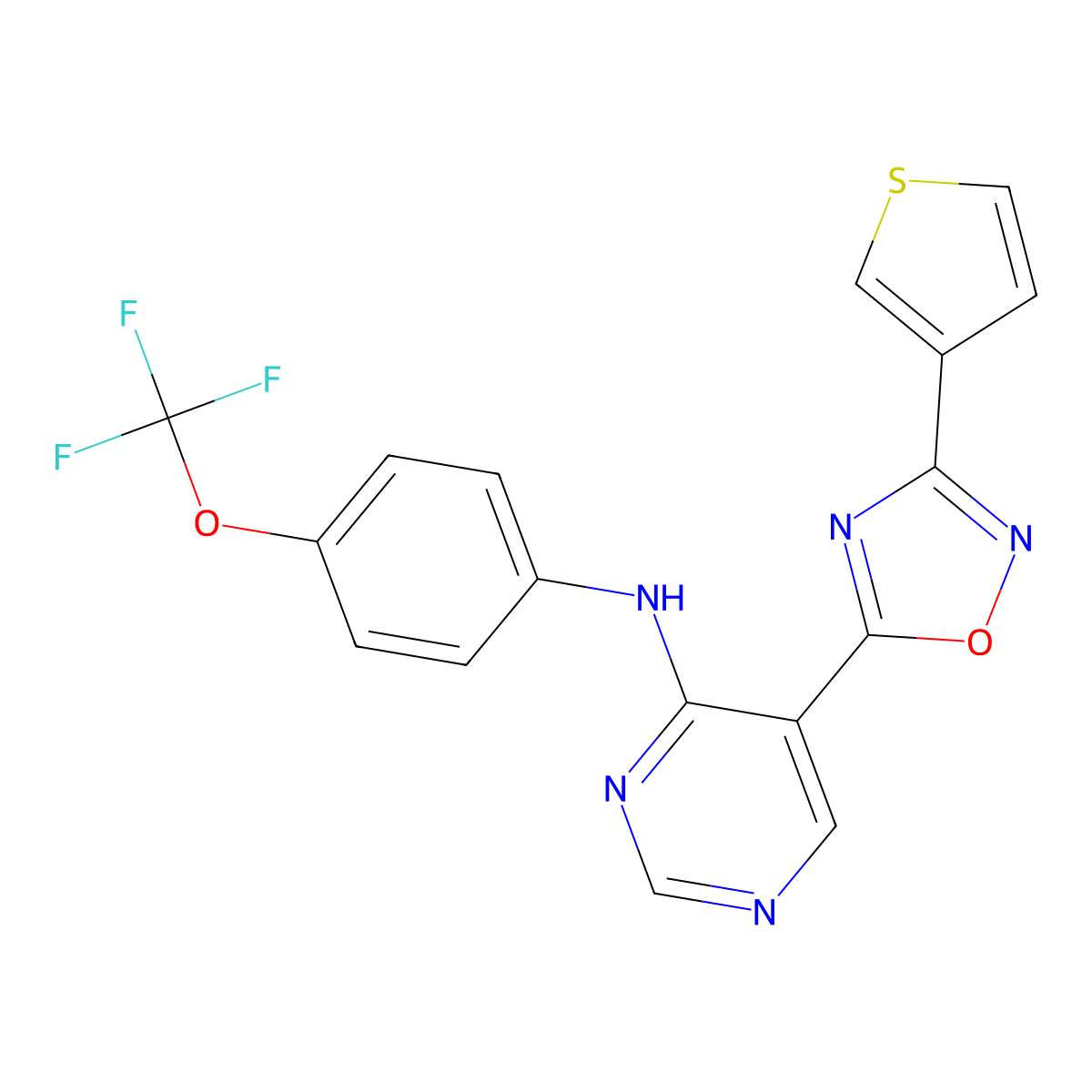5-(3-(thiophen-3-yl)-1,2,4-oxadiazol-5-yl)-N-(4-(trifluoromethoxy)phenyl)pyrimidin-4-amine molecular structure, CAS 2034510-97-7