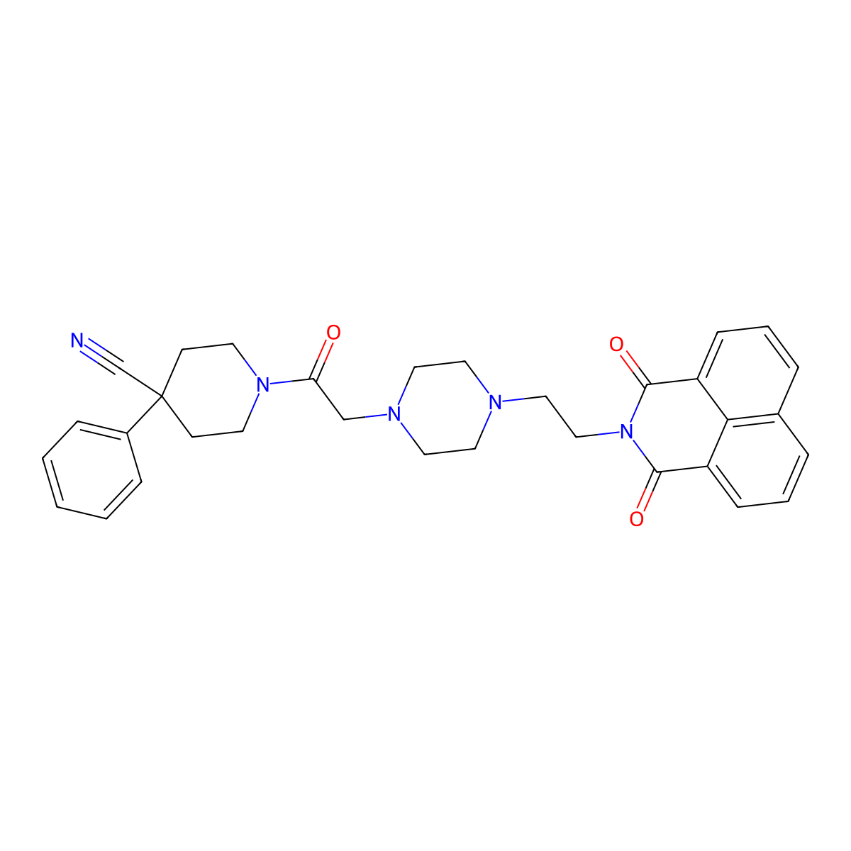 1-(2-(4-(2-(1,3-dioxo-1H-benzo[de]isoquinolin-2(3H)-yl)ethyl)piperazin-1-yl)acetyl)-4-phenylpiperidine-4-carbonitrile molecular structure, CAS 2034511-03-8