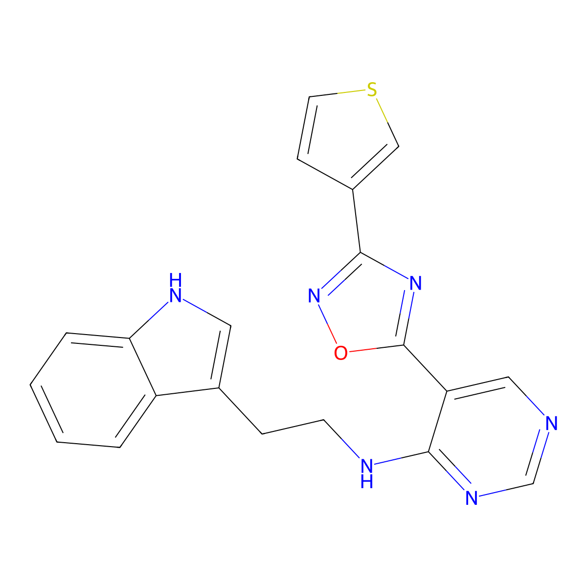 N-(2-(1H-indol-3-yl)ethyl)-5-(3-(thiophen-3-yl)-1,2,4-oxadiazol-5-yl)pyrimidin-4-amine molecular structure, CAS 2034511-04-9