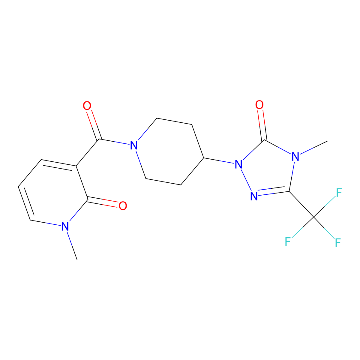 1-methyl-3-(4-(4-methyl-5-oxo-3-(trifluoromethyl)-4,5-dihydro-1H-1,2,4-triazol-1-yl)piperidine-1-carbonyl)pyridin-2(1H)-one molecular structure, CAS 2034511-08-3