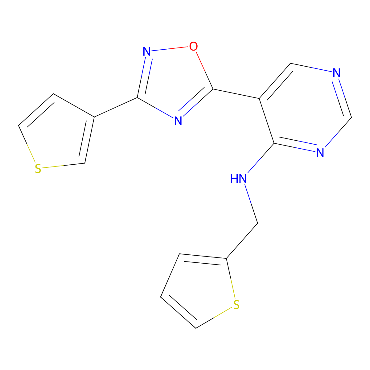 N-(thiophen-2-ylmethyl)-5-(3-(thiophen-3-yl)-1,2,4-oxadiazol-5-yl)pyrimidin-4-amine molecular structure, CAS 2034511-12-9