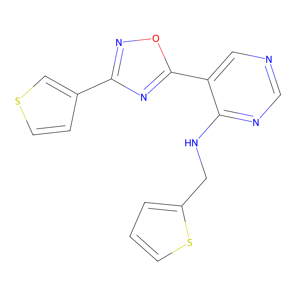 N-(thiophen-2-ylmethyl)-5-(3-(thiophen-3-yl)-1,2,4-oxadiazol-5-yl)pyrimidin-4-amine molecular structure, CAS 2034511-12-9