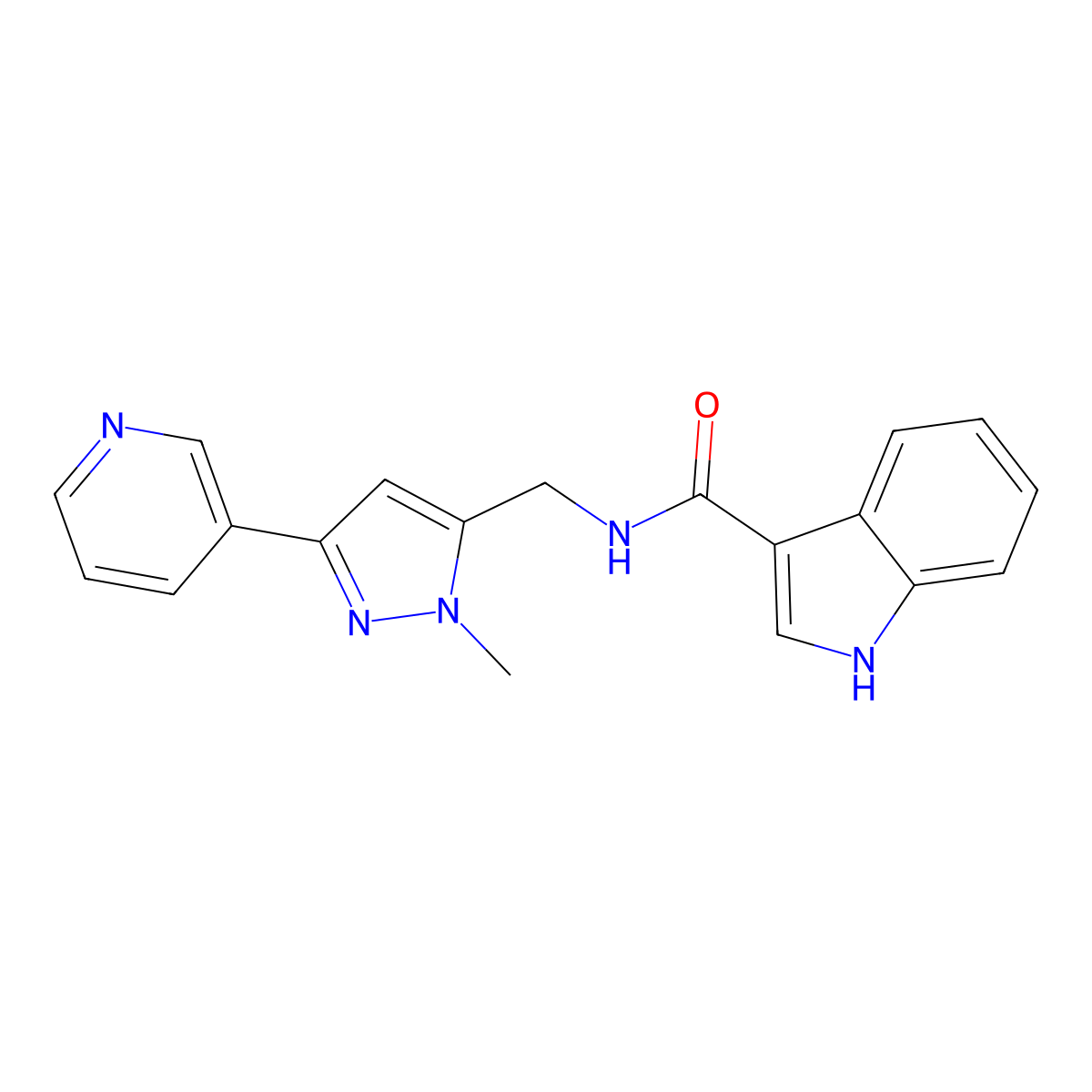 N-{[1-methyl-3-(pyridin-3-yl)-1H-pyrazol-5-yl]methyl}-1H-indole-3-carboxamide molecular structure, CAS 2034511-15-2