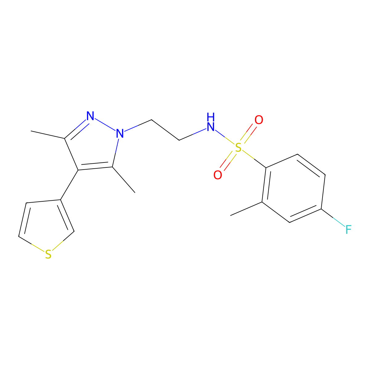 N-(2-(3,5-dimethyl-4-(thiophen-3-yl)-1H-pyrazol-1-yl)ethyl)-4-fluoro-2-methylbenzenesulfonamide molecular structure, CAS 2034511-18-5