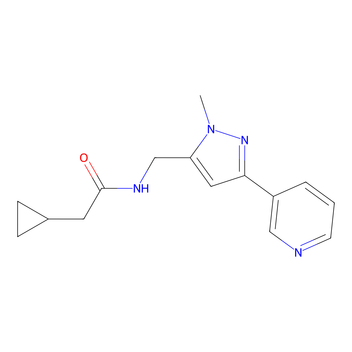 2-cyclopropyl-N-{[1-methyl-3-(pyridin-3-yl)-1H-pyrazol-5-yl]methyl}acetamide molecular structure, CAS 2034511-20-9
