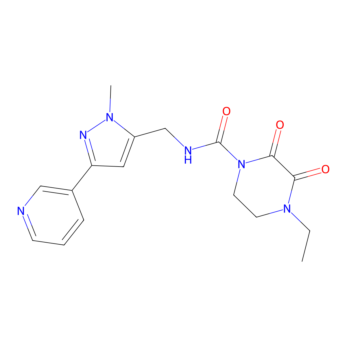 4-ethyl-N-{[1-methyl-3-(pyridin-3-yl)-1H-pyrazol-5-yl]methyl}-2,3-dioxopiperazine-1-carboxamide molecular structure, CAS 2034511-23-2