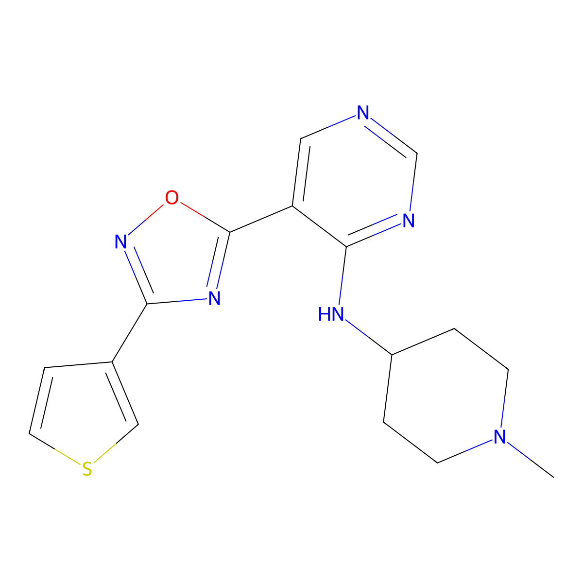 N-(1-methylpiperidin-4-yl)-5-(3-(thiophen-3-yl)-1,2,4-oxadiazol-5-yl)pyrimidin-4-amine molecular structure, CAS 2034511-34-5