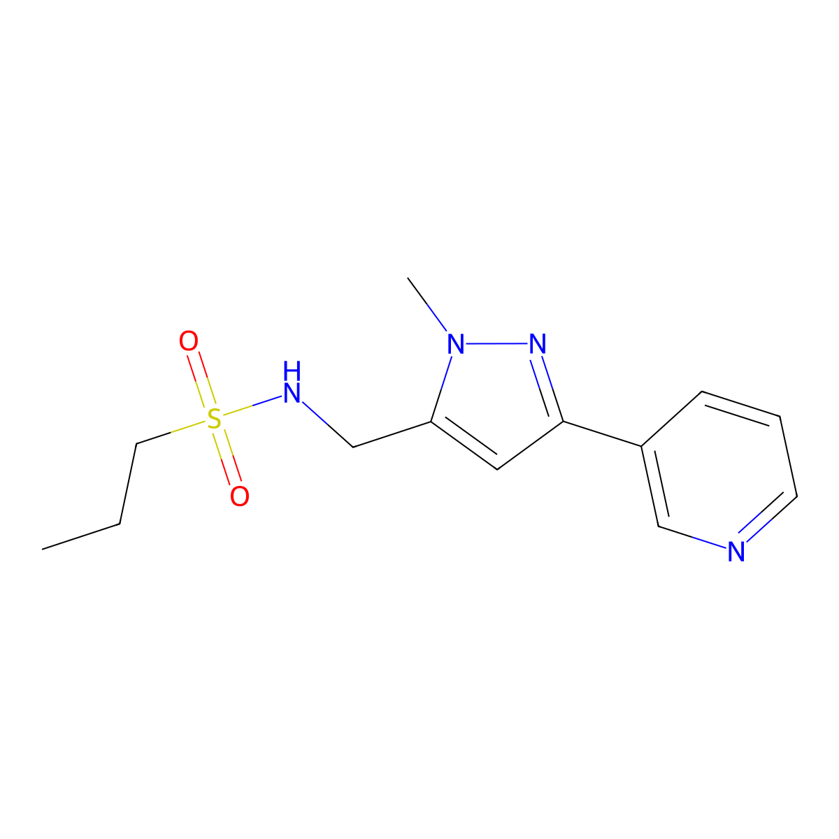 N-{[1-methyl-3-(pyridin-3-yl)-1H-pyrazol-5-yl]methyl}propane-1-sulfonamide molecular structure, CAS 2034511-37-8