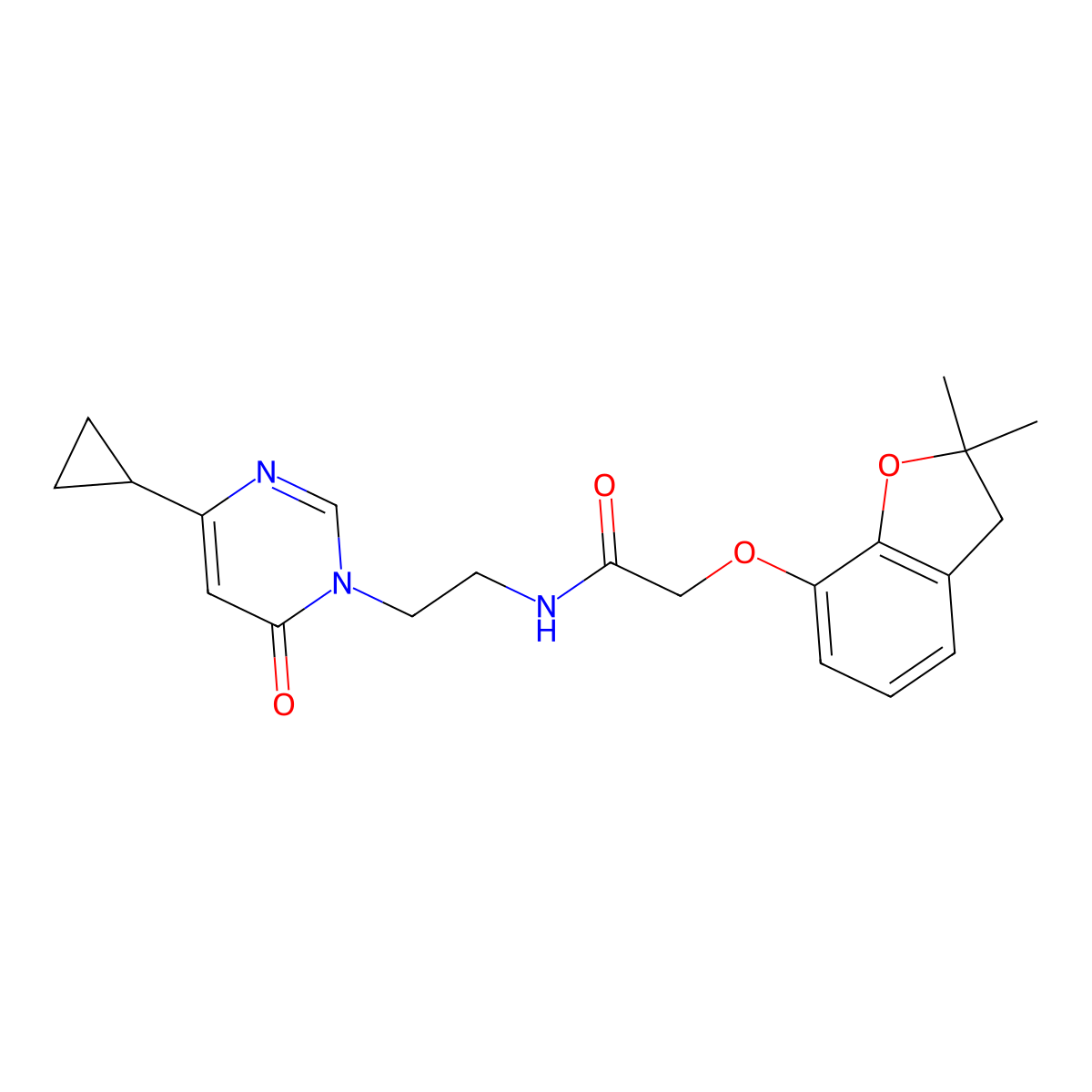 N-(2-(4-cyclopropyl-6-oxopyrimidin-1(6H)-yl)ethyl)-2-((2,2-dimethyl-2,3-dihydrobenzofuran-7-yl)oxy)acetamide molecular structure, CAS 2034511-38-9