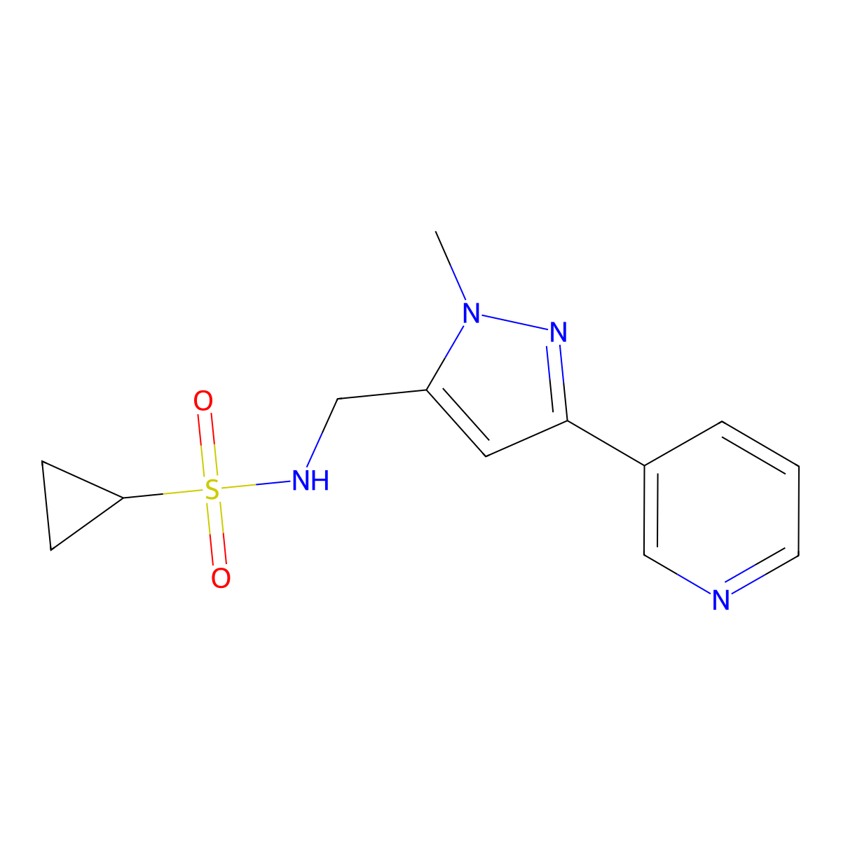 N-((1-methyl-3-(pyridin-3-yl)-1H-pyrazol-5-yl)methyl)cyclopropanesulfonamide molecular structure, CAS 2034511-45-8