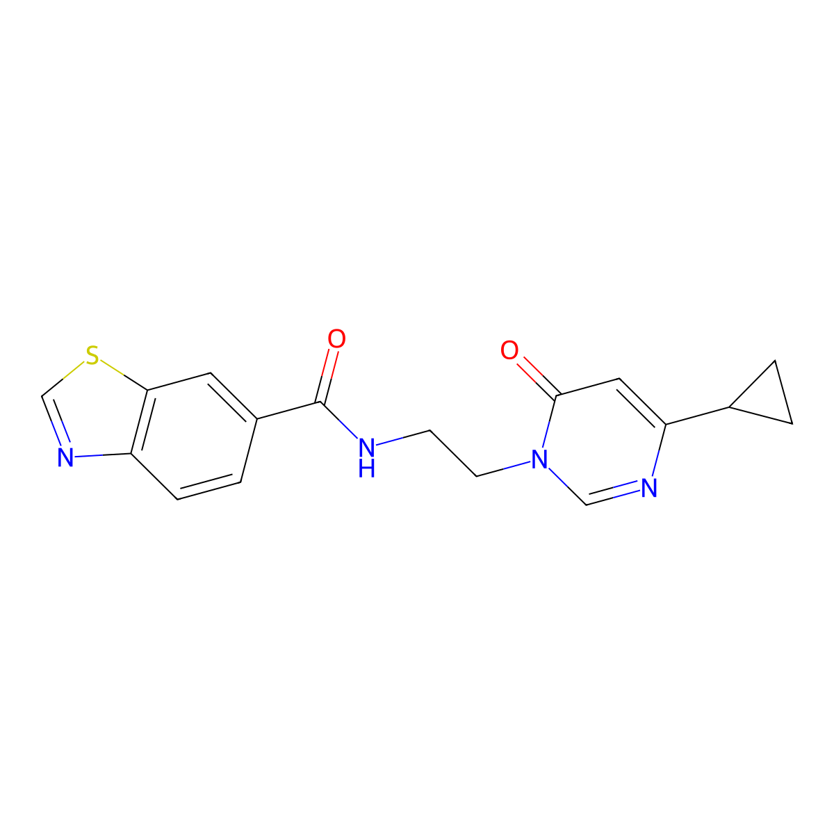 N-(2-(4-cyclopropyl-6-oxopyrimidin-1(6H)-yl)ethyl)benzo[d]thiazole-6-carboxamide molecular structure, CAS 2034511-47-0