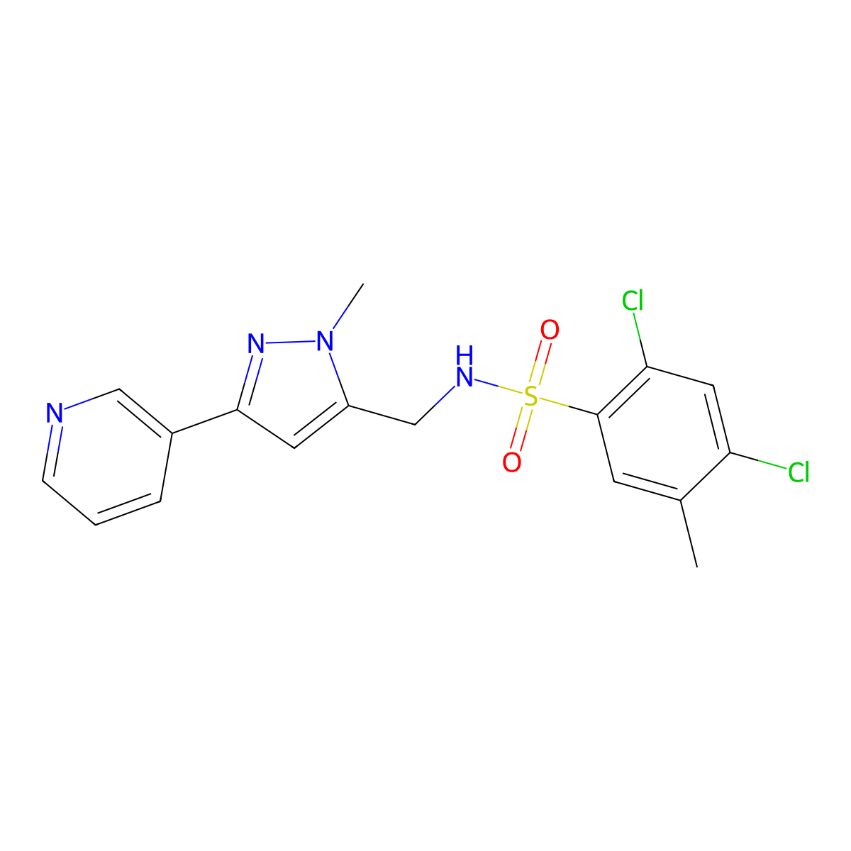 2,4-dichloro-5-methyl-N-((1-methyl-3-(pyridin-3-yl)-1H-pyrazol-5-yl)methyl)benzenesulfonamide molecular structure, CAS 2034511-51-6